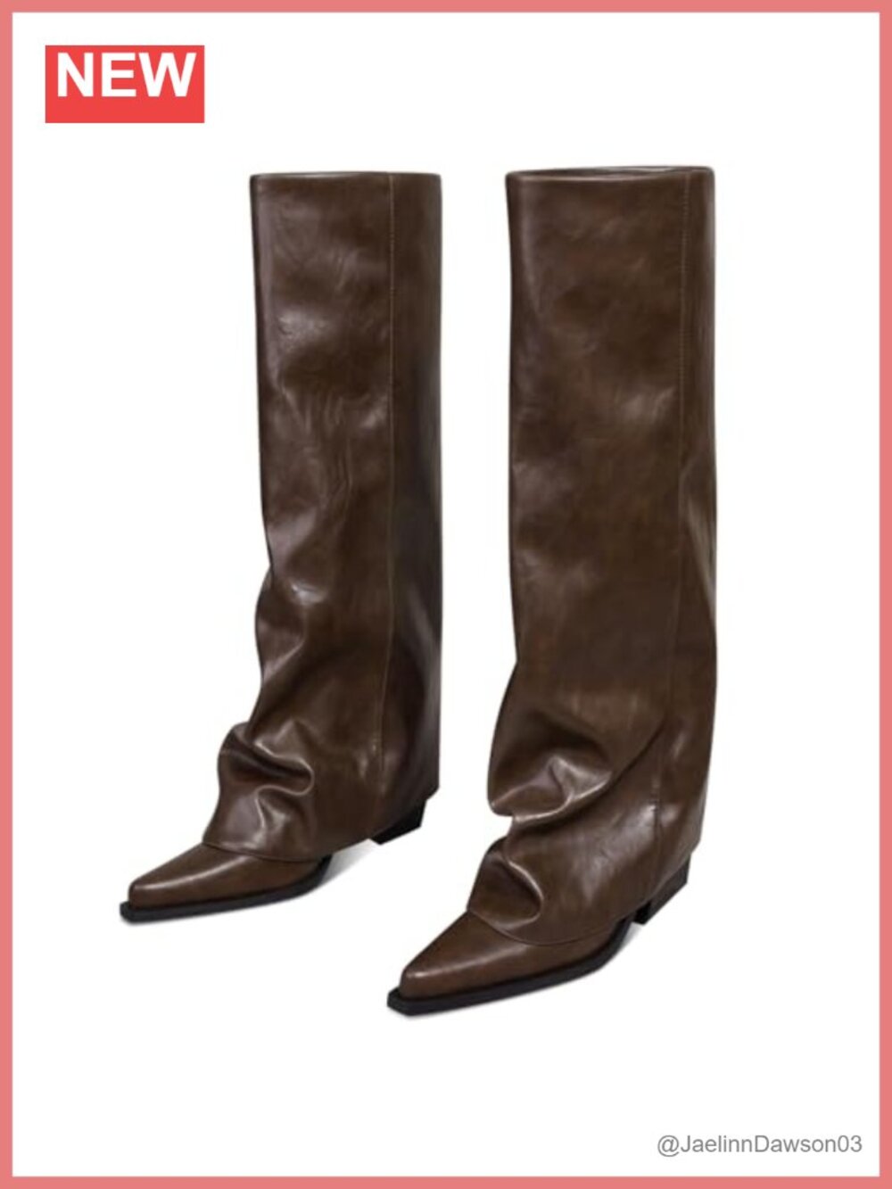 Fold Over Knee High Boots Wide Calf Chunky Heel PU Leather Zip
